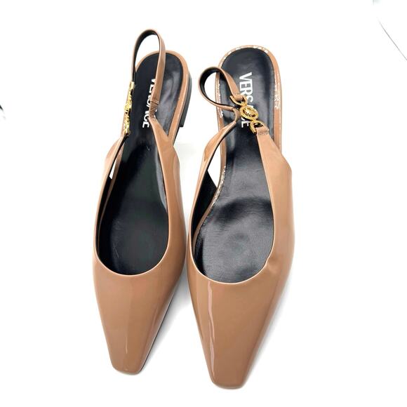 Versace Tan Patent leather Medusa-plaque slingback ballerina shoes IT 41 - Picture 3 of 14